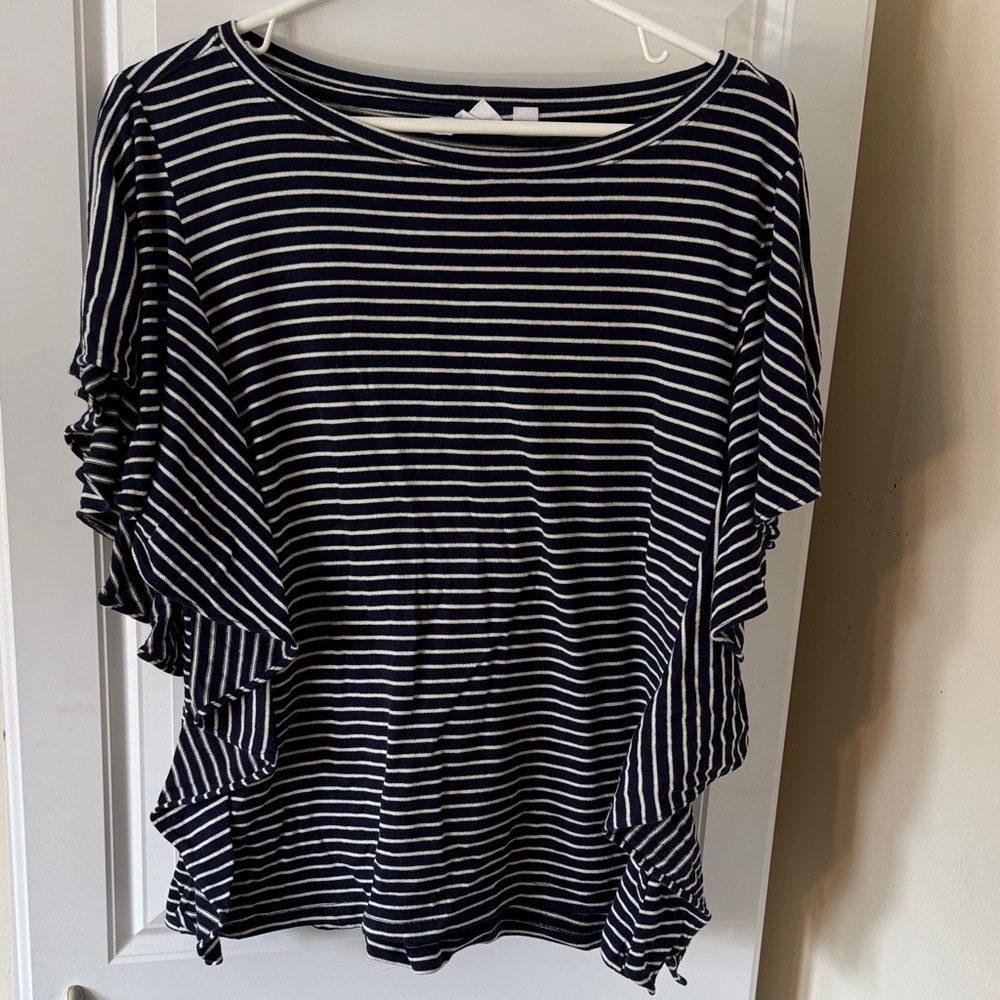 GAP Navy and White Striped Ruffle Top
